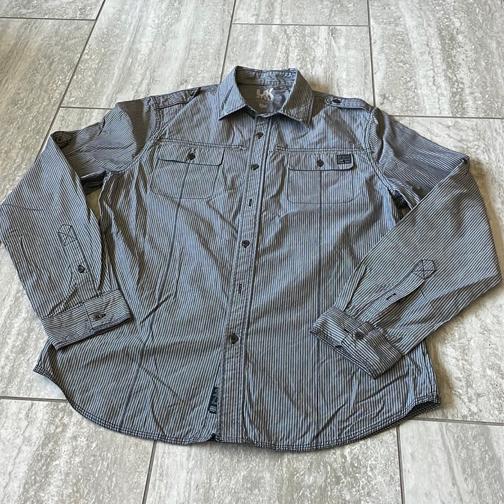 UK Style,gray in pinstripe white,button down,long sleeves,2 pockets,polo for men